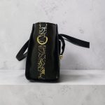 Structured Black Faux Leather Bag, Gold Floral Accent, Press Lock Hardware