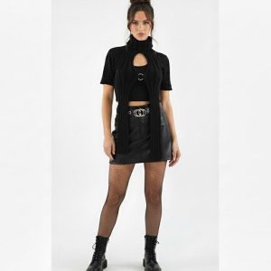 Rib Knit ORing Party Rave Festival Turtleneck Halter Top Black