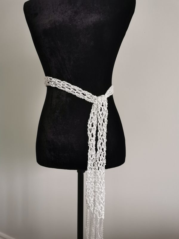 Crochet Sequin Skinny Scarf, White Sequin Neck Tie