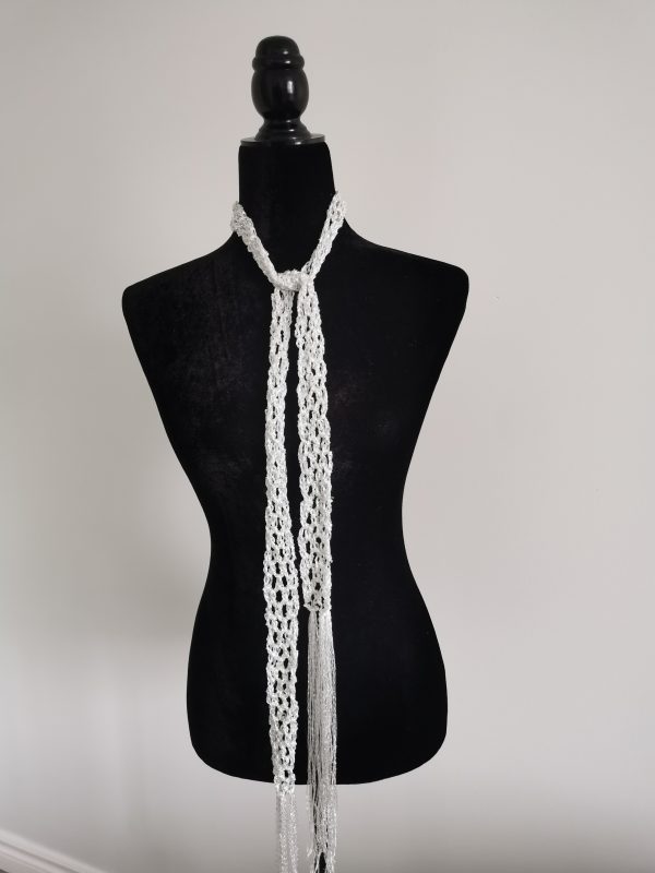 Crochet Sequin Skinny Scarf, White Sequin Neck Tie