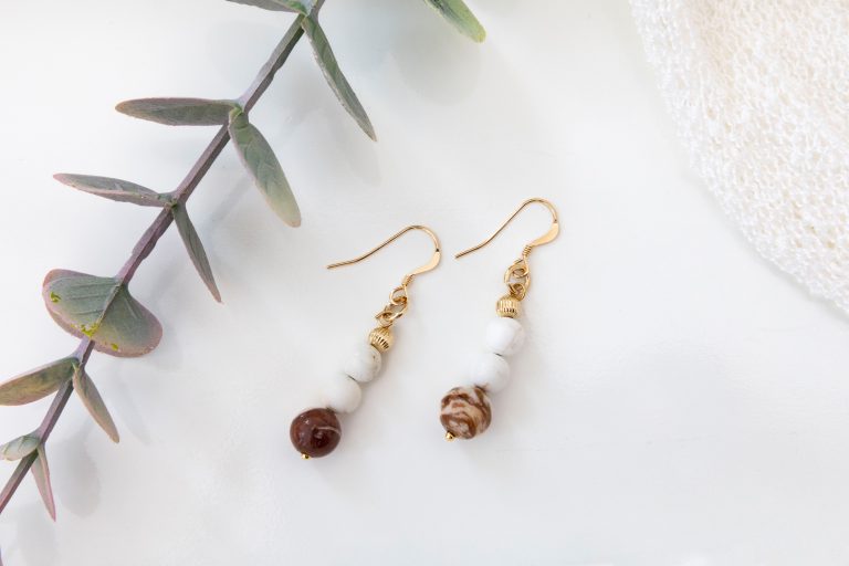 Matte White Magnesite & Australian Jasper Dangle Earrings — Corrugated 14K Gold-Filled Accents