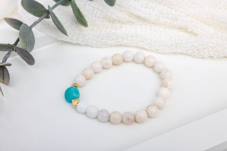 Freshwater Pearl Stretch Bracelet — Amazonite Center with Gold Heart Charms