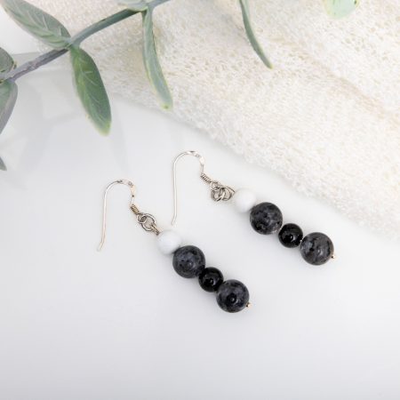 Labradorite & Black Onyx Dangle Earrings with White Shell Accents — Sterling Silver Hooks