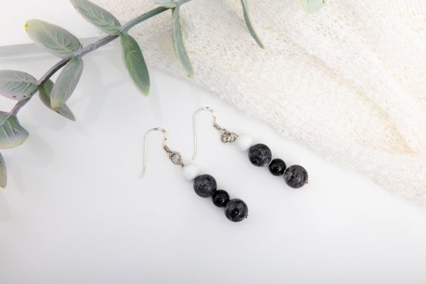 Labradorite & Black Onyx Dangle Earrings with White Shell Accents — Sterling Silver Hooks