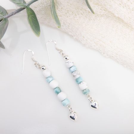Howlite & Larimar Dangle Earrings — Sterling Silver Hearts
