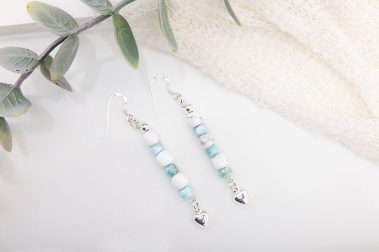 Howlite & Larimar Dangle Earrings — Sterling Silver Hearts