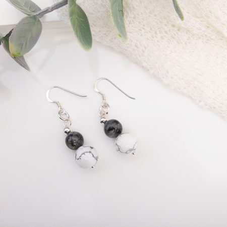 Howlite & Labradorite Dangle Earrings — Sterling Silver Beads & Hooks