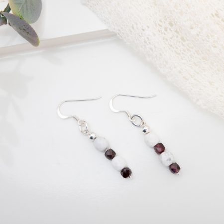 Faceted White Howlite & Garnet Cube Drop Earrings with Sterling Silver Beads
