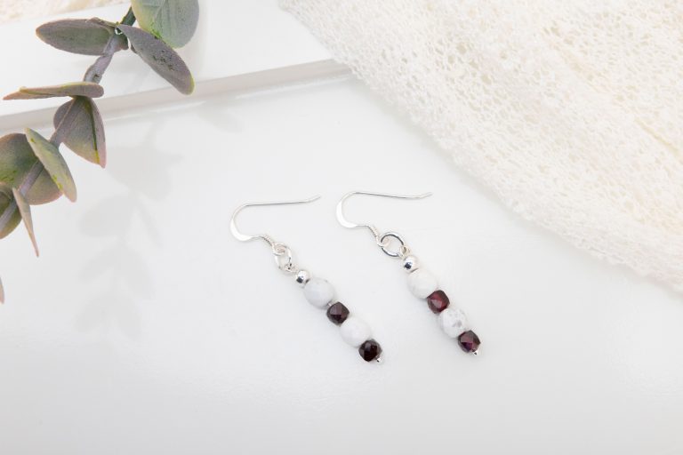 Faceted White Howlite & Garnet Cube Drop Earrings with Sterling Silver Beads