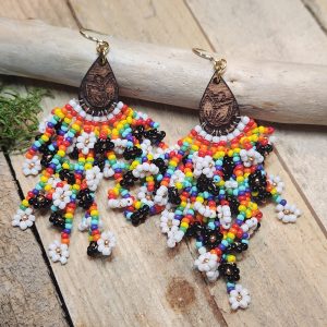 Rainbow Seed Bead Fringe Earrings with Engraved Wood Accent