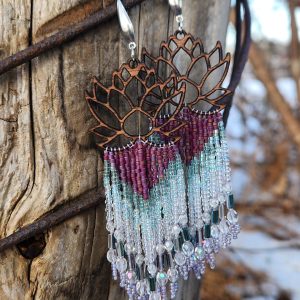Lotus Bloom Wood & Beaded Fringe Earrings – Iridescent Purple & Aqua Zen Dangles