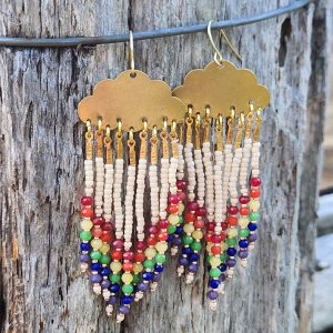 Golden Cloud Rainbow Fringe Earrings – Colorful Beaded Raindrop Dangles for Pride & Joy