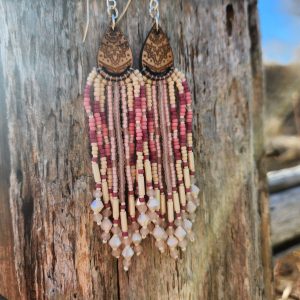 Handcrafted Mauve & Rose Seed Bead Fringe Earrings – Wood Teardrop Accents with Crystal Drops