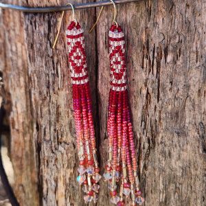 Sparkling Red and Pink Ombre Beaded Fringe Earrings with Crystal Accents