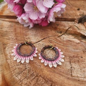 Boho Wood Hoop Earrings with Pink and Cream Hand-Beaded Lace Trim