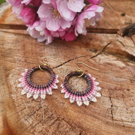 Boho Wood Hoop Earrings with Pink and Cream Hand-Beaded Lace Trim