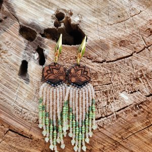 Sage and Sand Boho Fringe Earrings with Floral Engraved Hexagon Wood