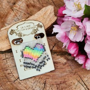 Hand-Beaded Neon Rainbow Heart Fringe Brooch Pin