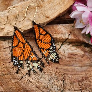 Handcrafted Monarch Butterfly Wing Beaded Fringe Earrings