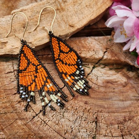 Handcrafted Monarch Butterfly Wing Beaded Fringe Earrings