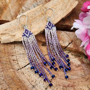 Elegant Lavender and Plum Ombre Beaded Fringe Earrings with Crystal Drops