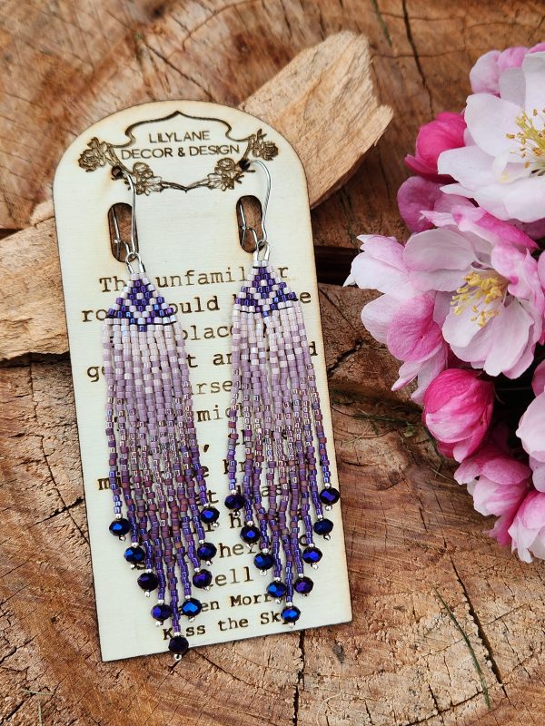 Elegant Lavender and Plum Ombre Beaded Fringe Earrings with Crystal Drops