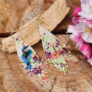 Bluebird in a Spring Garden Hand-Beaded Fringe Earrings
