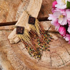 Handcrafted Boho Beaded Fringe Earrings with Laser-Engraved Wood Diamond Accents