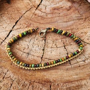 Earthy Forest Tones Beaded Bracelet – Handcrafted Picasso Seed Bead Band with Antique Brass Hardware