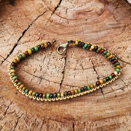 ​Earthy Forest Tones Beaded Bracelet – Handcrafted Picasso Seed Bead Band with Antique Brass Hardware