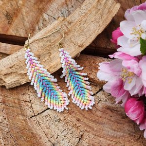Pastel Rainbow Beaded Feather Earrings with Crisp White Accents