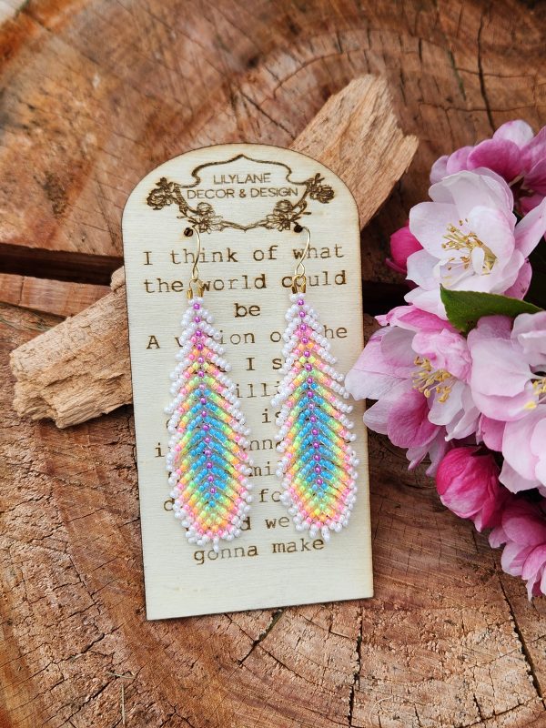 Pastel Rainbow Beaded Feather Earrings with Crisp White Accents