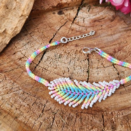 Handwoven Rainbow Feather Beaded Bracelet – Vibrant Pastel Seed Bead Charm with Silver Extender