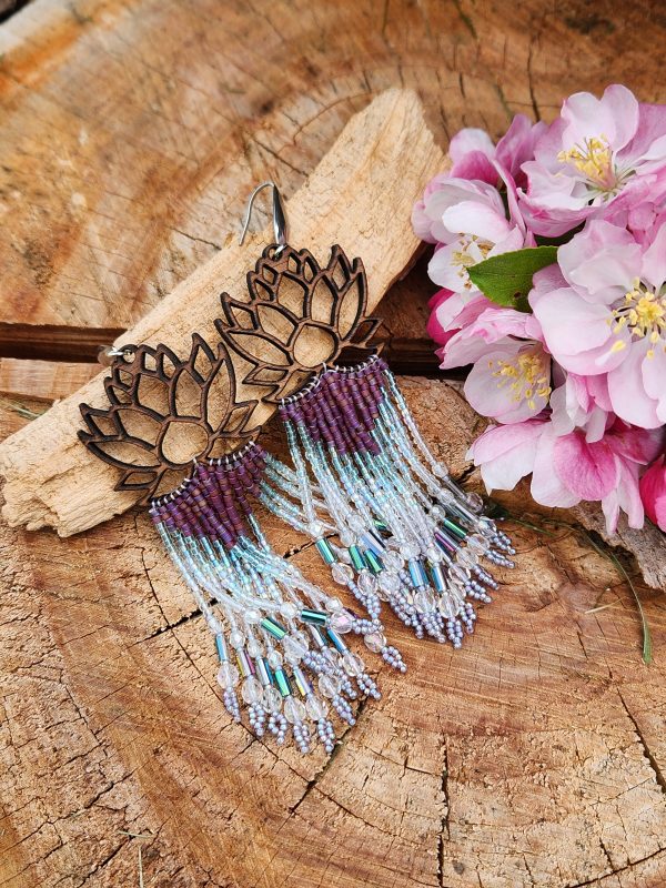 ​Lotus Bloom Wood & Beaded Fringe Earrings – Iridescent Purple & Aqua Zen Dangles