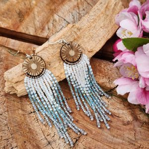 Sunburst Horizon Beaded Fringe Earrings – Hand-Engraved Wood and Iridescent Blue Ombre Tassel Earrings – Celestial Boho Jewelry