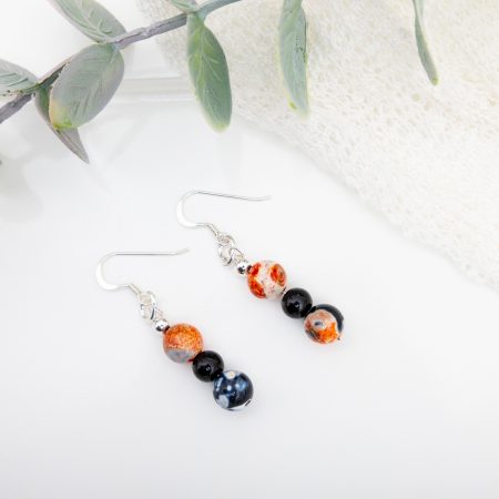 Orange–Grey–Black Agate & Black Onyx Pearl Dangle Earrings — Sterling Silver Hooks