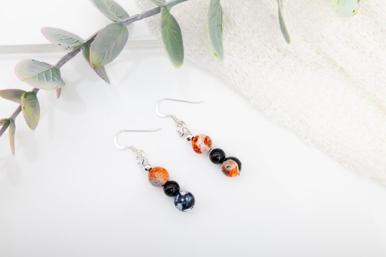 Orange–Grey–Black Agate & Black Onyx Pearl Dangle Earrings — Sterling Silver Hooks