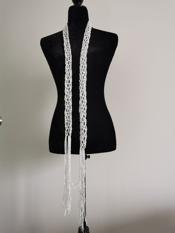 Crochet Sequin Skinny Scarf, White Sequin Neck Tie