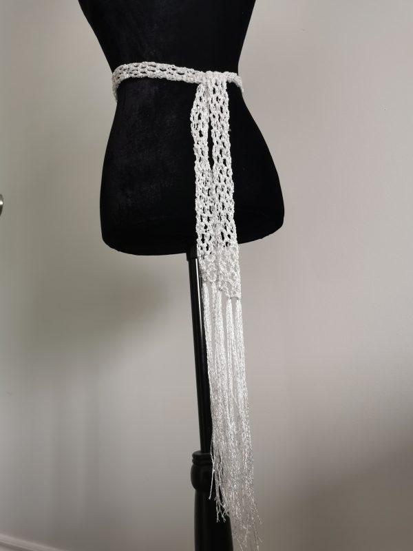 Crochet Sequin Skinny Scarf, White Sequin Neck Tie