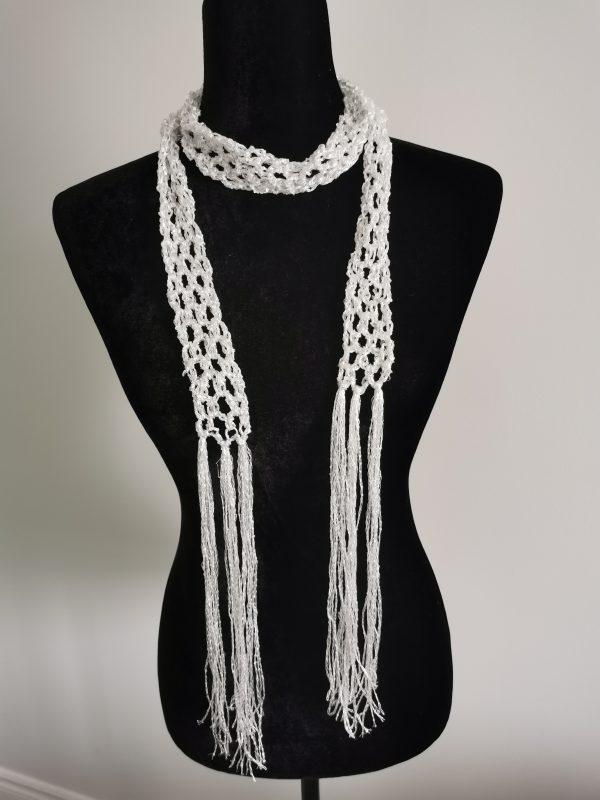 Crochet Sequin Skinny Scarf, White Sequin Neck Tie