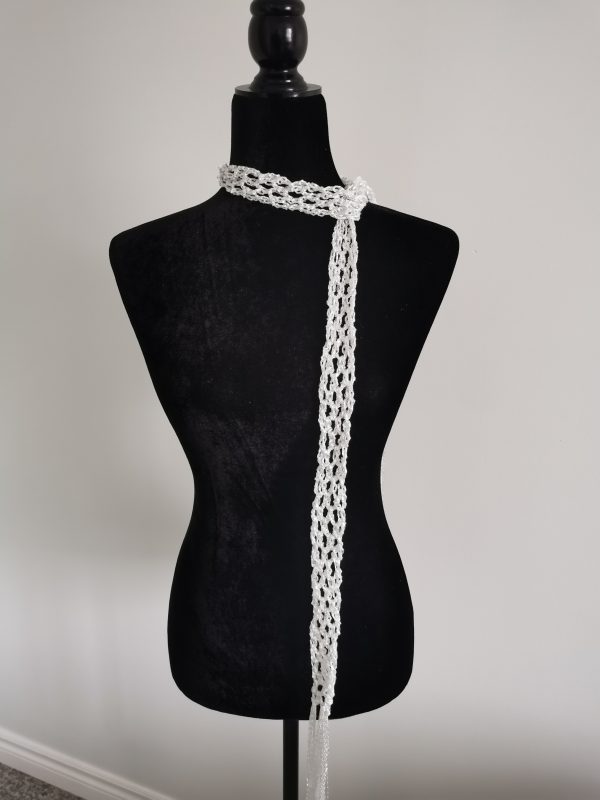 Crochet Sequin Skinny Scarf, White Sequin Neck Tie
