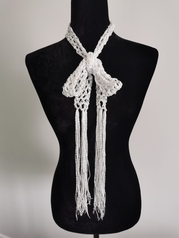 Crochet Sequin Skinny Scarf, White Sequin Neck Tie