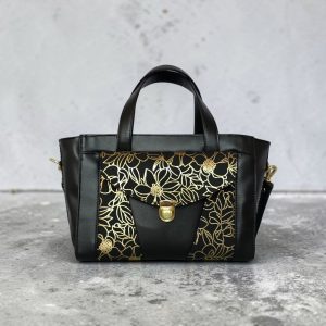 Structured Black Faux Leather Bag, Gold Floral Accent, Press Lock Hardware