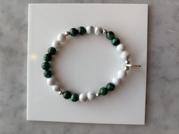 White Howlite & Green Malachite Sterling Silver Stamping Disc Bracelet