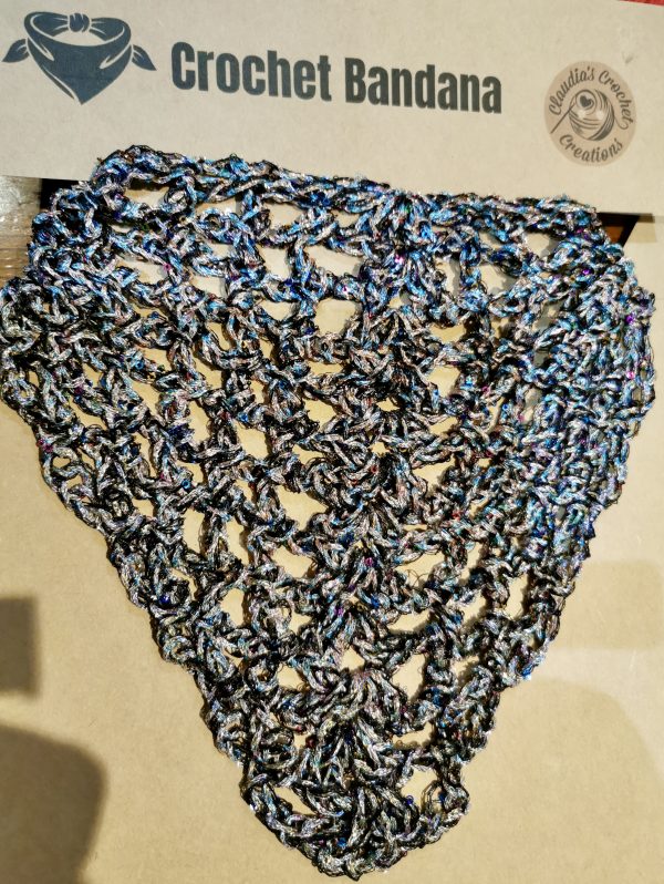 Crochet Bandana, Sequin Triangle Scarf (Black & Iridescent Rainbow)