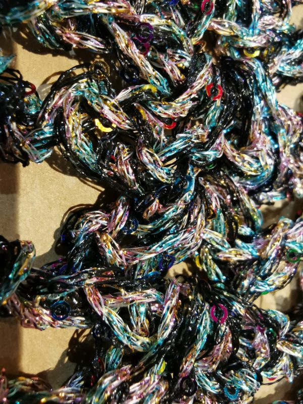 Crochet Bandana, Sequin Triangle Scarf (Black & Iridescent Rainbow)