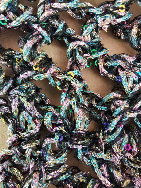 Crochet Bandana, Sequin Triangle Scarf (Black & Iridescent Rainbow)
