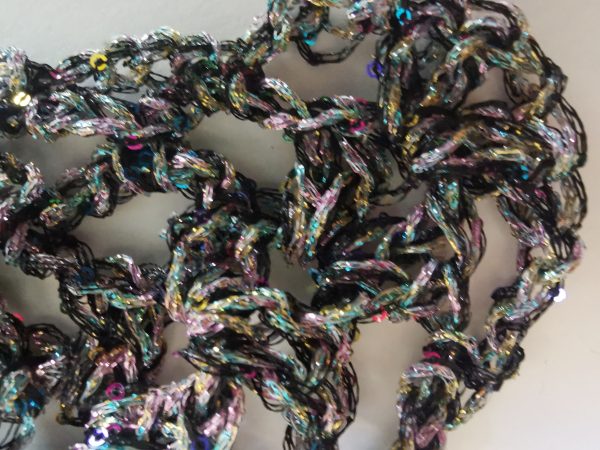 Crochet Bandana, Sequin Triangle Scarf (Black & Iridescent Rainbow)