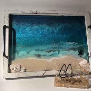 Ocean-Inspired Wooden Serving/Ottoman Tray- Caribbean Coastal Design 16" x 12"