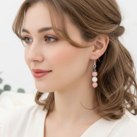 Dangle earrings with pink rhodochrosite beads, freshwater pearl accents, hematite rondelles, and sterling silver hooks.